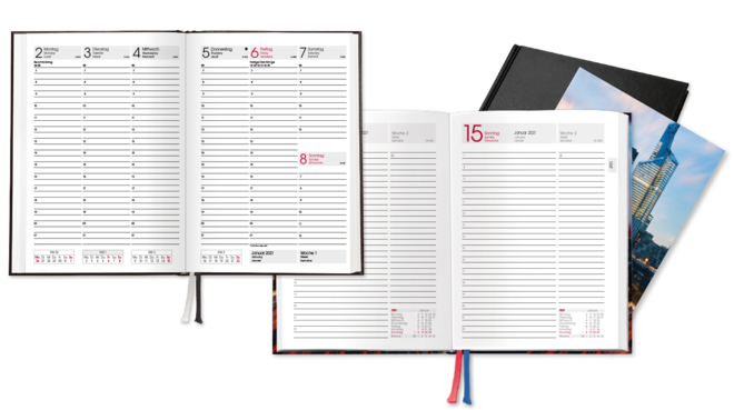 Buchkalender und Terminplaner mit Tages- und Wochenübersicht